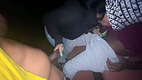 Yolanda Yamz performs deepthroat blowjob on two big cocks in the park