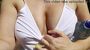 MILF Wife Flashes Big Tits in Public Walking Dare