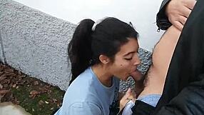 Best friend gives a great blow job and gets cum on her face in public