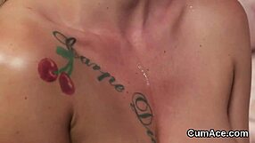 Randy peach swallows jizz after bukkake facial.