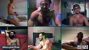 six men on video call fucking holes with dildos while stroking dicks