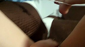 smell that dripping pussy cum on her leg while she masturbates wet on the sofa