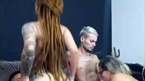 redhead with dreads rides friend's cock while wife sucks me