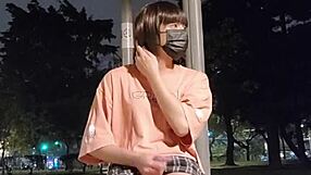 Does The Shemale Ladyboy Masturbate With Dildo In Skirt Outdoors?