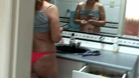 Spying on mature latina wife in bathroom lingerie