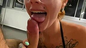 Cleaning lady kneels to suck cock in laundry room