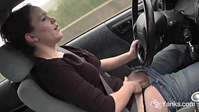 yanks lou lebonne gets fingered to orgasm in the car, cumming while being watched outdoors with her shaved pussy.