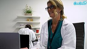 Sexy big tit milf nurse masturbates at office