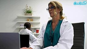 Sexy big tit milf nurse masturbates at office