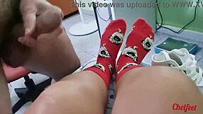 Girlfriend seduces with shoes and socks, then footjob to cum.
