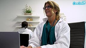 Sexy big tit milf nurse masturbates at office