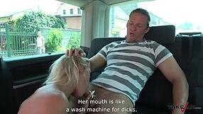 is that skinny czech milf blonde wife cheating with blowjob and fuck in the outdoor taxi van?