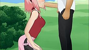 sakura haruno performs a super deepthroat in naruto.