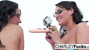 Pierced Nipples and Big Tits in Lesbian Dildo Play.