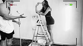 Young and pretty girl gets anal sex with a painter and swallows his cum
