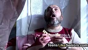 Nerdy teen drilled hard by lustful grandpa in bed