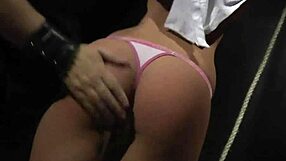 Bondage slave gags on master's cock after rough garage fucking