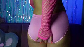 Latina babe soaks her pink jeans with big tits bouncing wildly