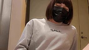 Asian Shemale Ladyboy Strokes Dildo in Office Heels While Waiting for Customers