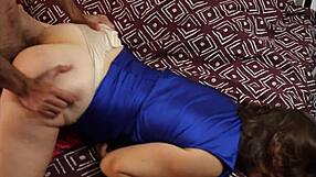 French Amateur In White Satin Panties And Blue Lycra Tight Dress With Vinyl High Heels Performs Deepthroat Rimming And Doggystyle