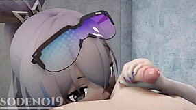Honaki Star Rail's Silver Wolf caught masturbating offers footjob and blowjob in 3D anime.