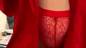 Brunette in red lingerie masturbates her big tits and ass!