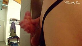Hey, check that hard cock exposed in restroom for big boobs lady!