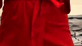 Brunette in red lingerie masturbates her big tits and ass!