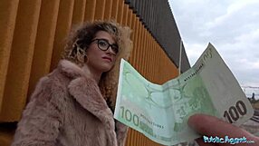 This spanish babe with glasses gets her shaven pussy fucked outdoors for cash in a public agent reality scene.