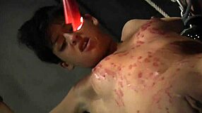 Bondage slave gags on master's cock after rough garage fucking