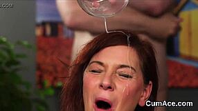 Horny Honey Receives Jizz Load on Face While Eating All the Cum in Blowbang Session