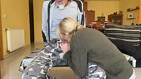 wife visits neighbors when husband is away with blonde friend