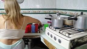 My stepdaughter hints at me in the kitchen with toys and cum play