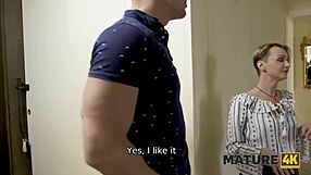 mature4k short-haired woman licks shaved pussy before contract