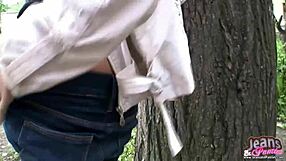 Brunette babe loves her panties peeking from skinny jeans