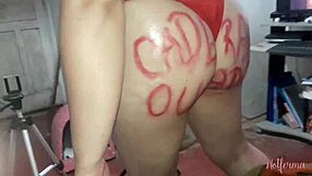 Beautiful woman gives great blowjob with the help of a chair