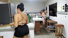 My stepdaughter hints at me in the kitchen with toys and cum play