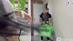 Delivery guy fucks tattooed brunette outdoors