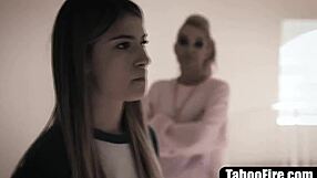 Can the lesbo stepdaughter prove she's gay by fucking stepmom and her boyfriend?