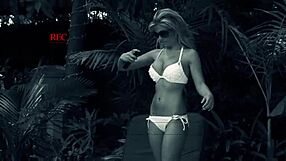 blonde woman aubrey addams gives blowjob and rides poolside