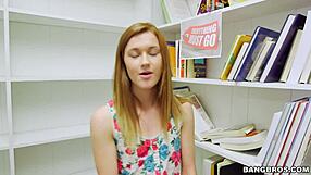 Tiny redhead student sucks cock in library pov