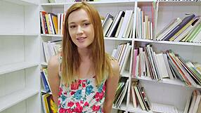 Tiny redhead student sucks cock in library pov