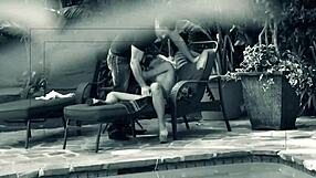 blonde woman aubrey addams gives blowjob and rides poolside