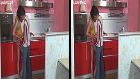 3D husband has sex in the kitchen with his brunette wife.