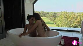 brunette lesbians say, let's scrub each other in the bath and explore more.