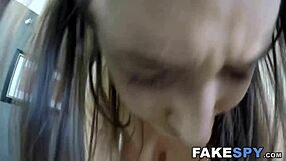 Young 18+ babe with big natural tits rides a monster cock in cowgirl style.