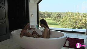 brunette lesbians say, let's scrub each other in the bath and explore more.