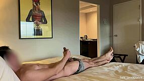 Hotel maid shocked by public dick flash during jerking off helps cum