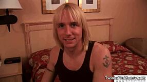 Cute blonde twink gets naked for hardcore gay blowjob and sex