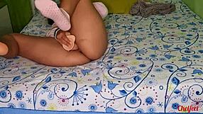 Asian teen intensely fucks pussy with dildo while Tinder date plays with feet